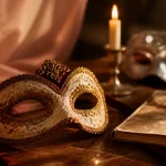 Masque sexy en dentelle ivoire dorée, détail au golden hour