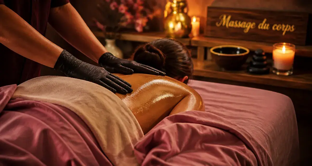 Massage du corp : mains en huile tiède sur le dos en institut