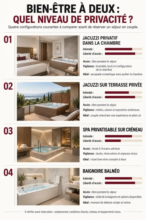 Infographie hôtel Paris jacuzzi chambre : différences entre jacuzzi privatif, terrasse, spa et baignoire balnéo