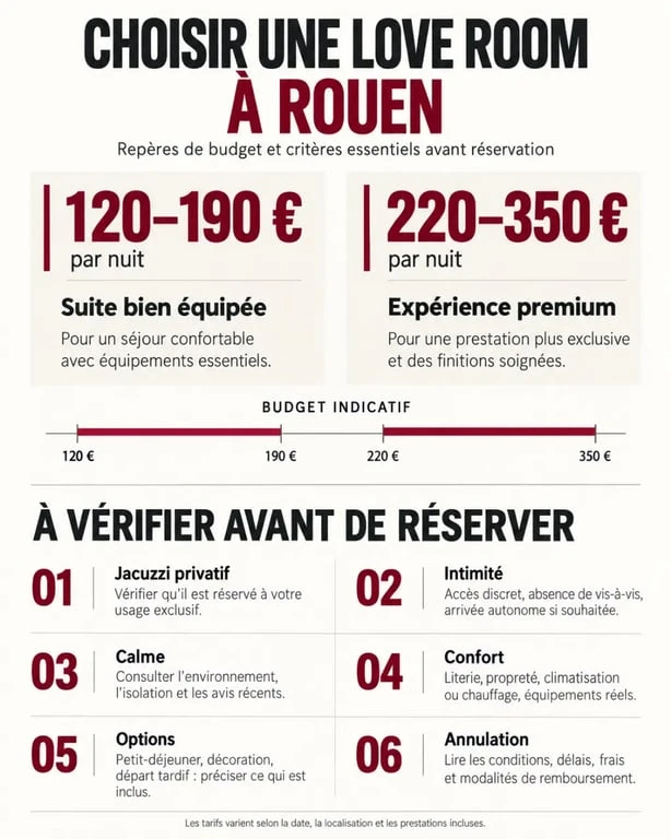 Infographie pour choisir une love room à Rouen selon le budget, le jacuzzi privatif et l’intimité