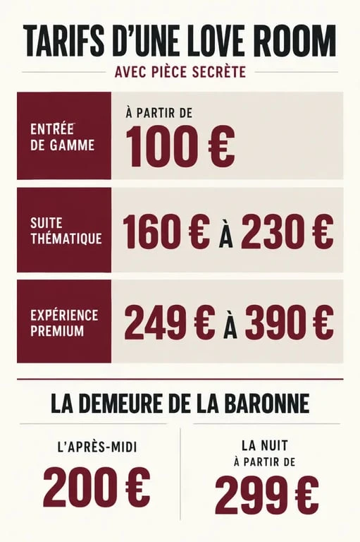 Tarifs d’une love room avec pièce secrète selon la formule et la durée