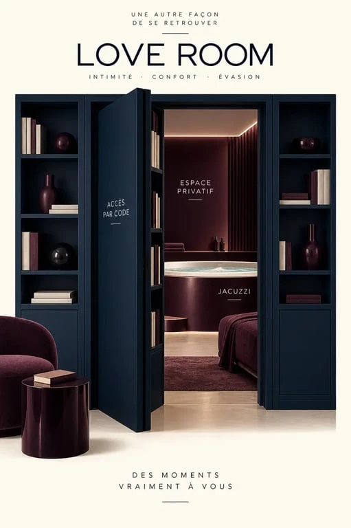 Love room avec pièce secrète et jacuzzi privatif derrière une porte dissimulée