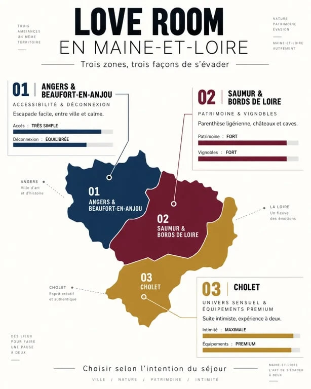 Infographie des zones pour choisir une love room en Maine-et-Loire entre Angers, Saumur et Cholet