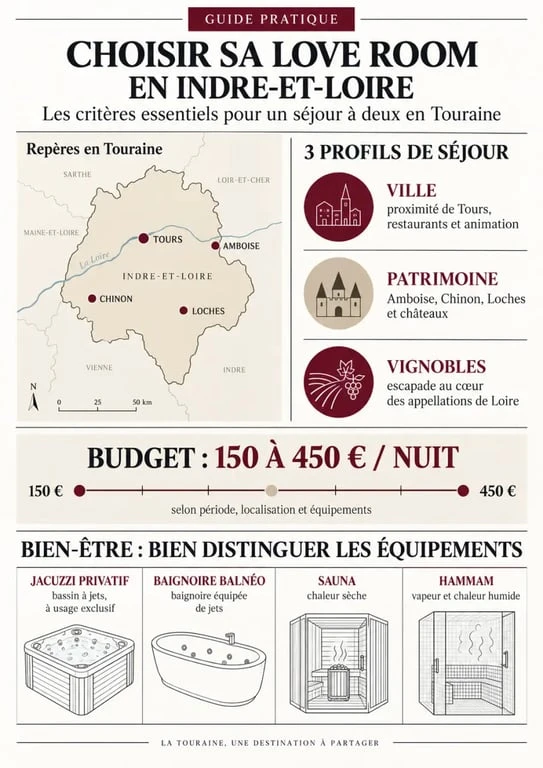Infographie pour choisir une love room en Indre-et-Loire selon la ville, le budget et les équipements