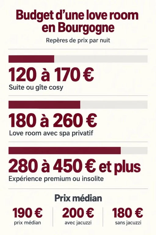 Infographie des prix d'une love room en Bourgogne selon les équipements