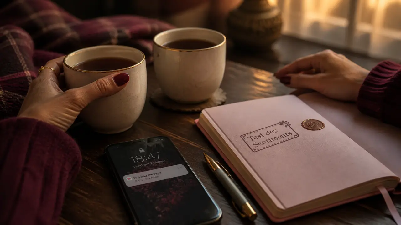 Savoir si on est amoureux test, carnet et tasses de thé