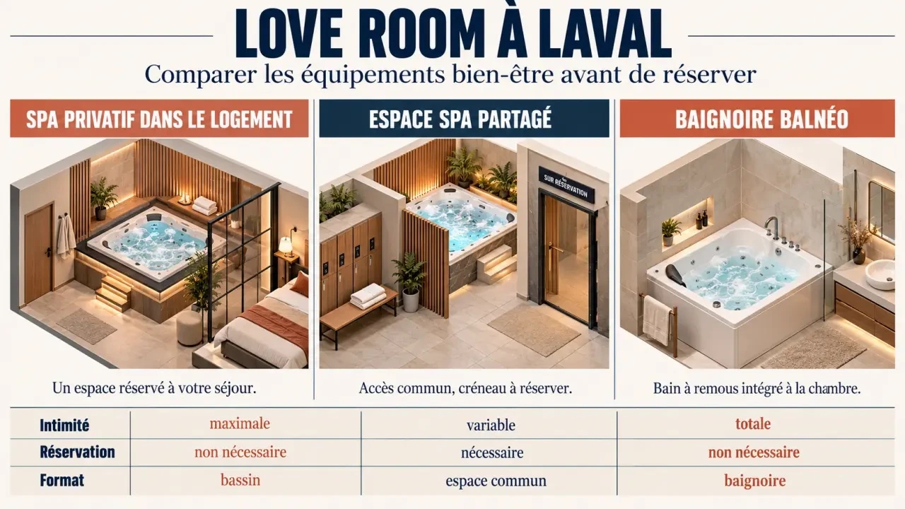 Love Room Laval : différences entre spa privatif, espace bien-être sur réservation et baignoire balnéo