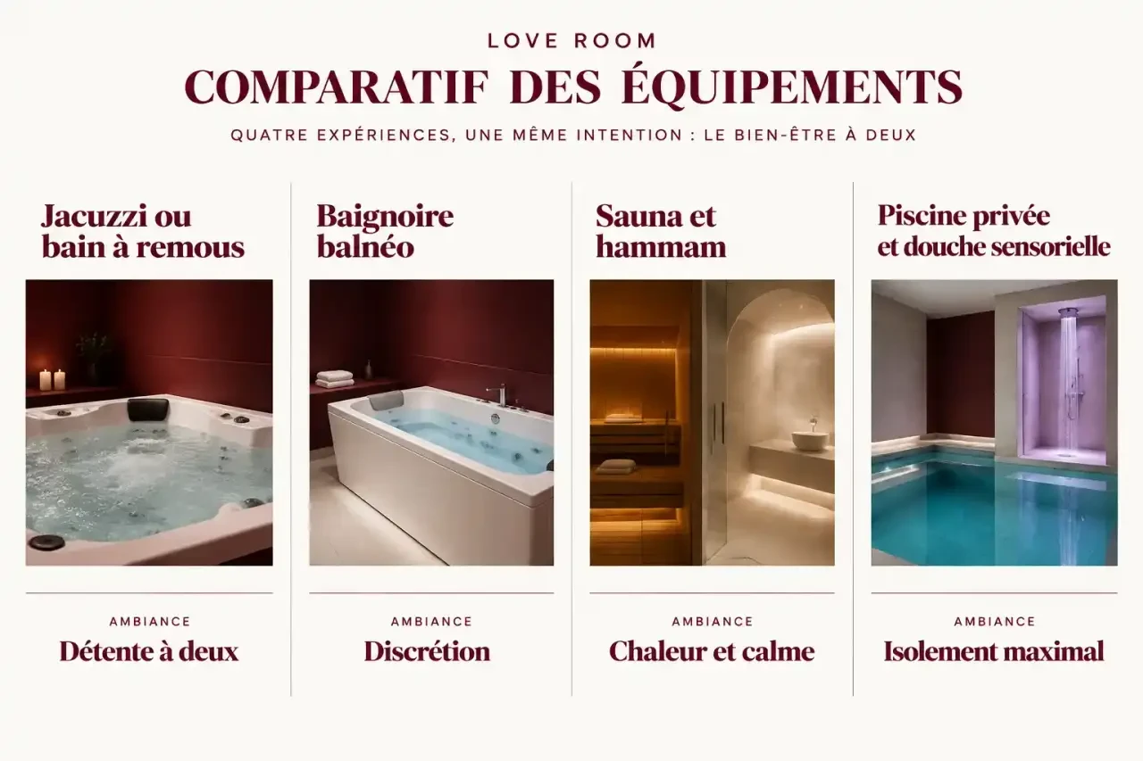 Comparatif des équipements d'une love room à Perpignan : jacuzzi, balnéo, sauna, hammam et piscine privée