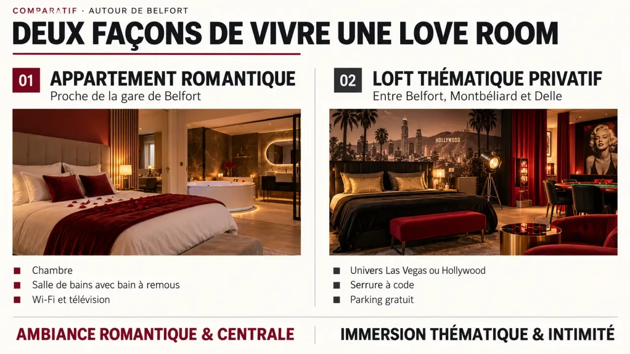 Comparaison des équipements d'une love room Belfort avec bain à remous ou loft thématique privatif