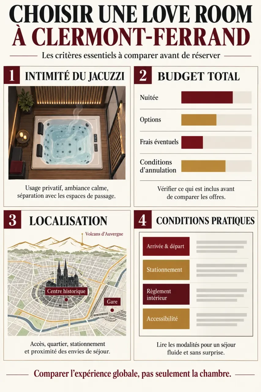 Infographie des critères pour choisir une love room à Clermont-Ferrand