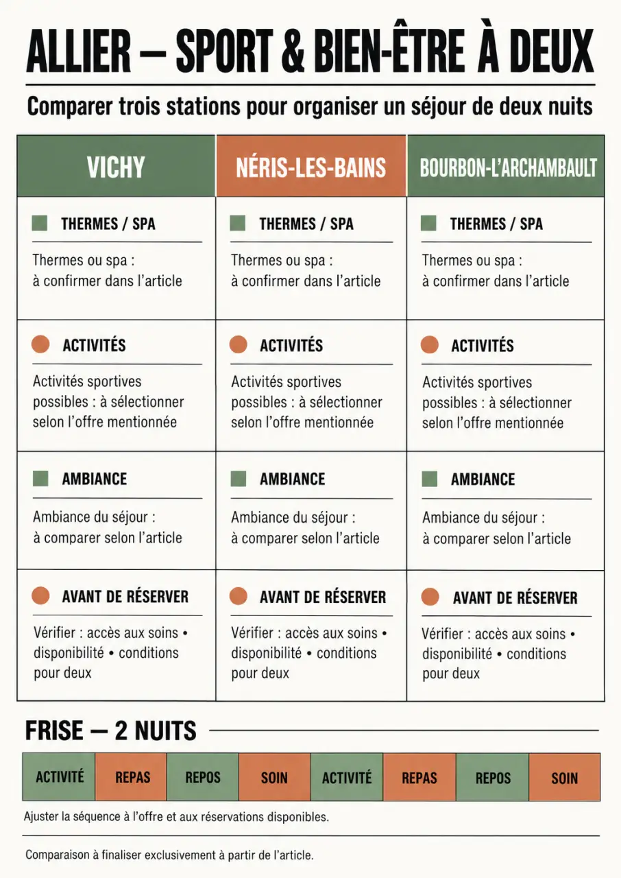 Allier bien-être en couple et activités sportives lors d'un séjour : comparaison visuelle de Vichy, Néris-les-Bains et Bourbon-l’Archambault