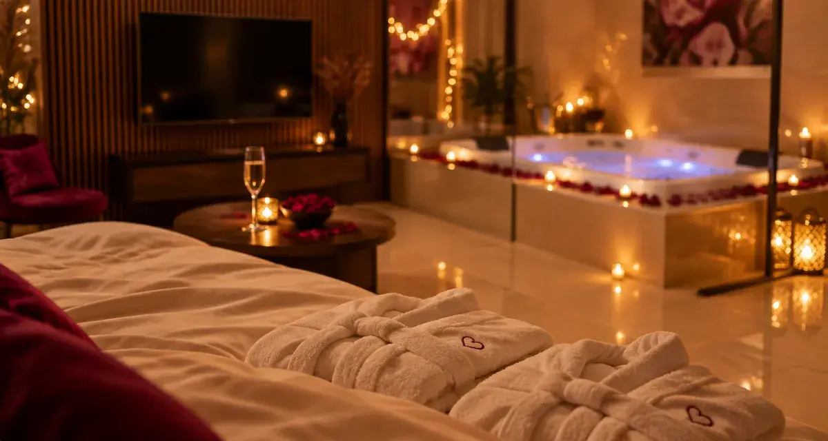 Love room Narbonne : jacuzzi privatif vitré et pétales de rose